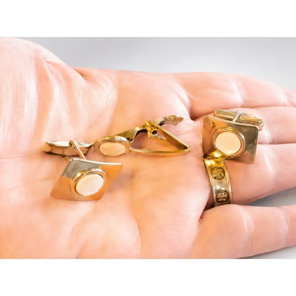 Vintage Cufflinks Tie Clip Set‎ Pearlized Lucite Gold Tone Classic Men’s Jewelry